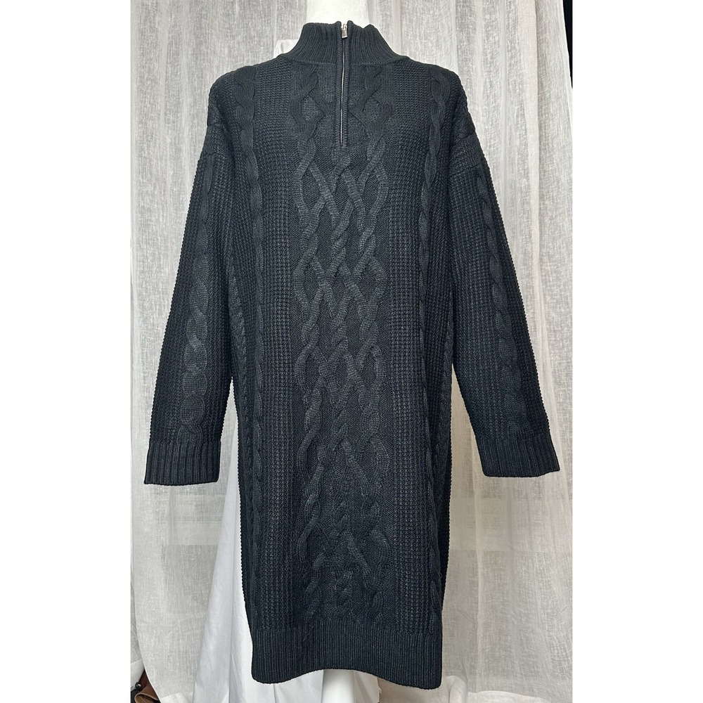 CALVIN KLEIN‎ JEANS Cable Knit Dress Women's L Black 1/4 Zip Dark Academia NEW